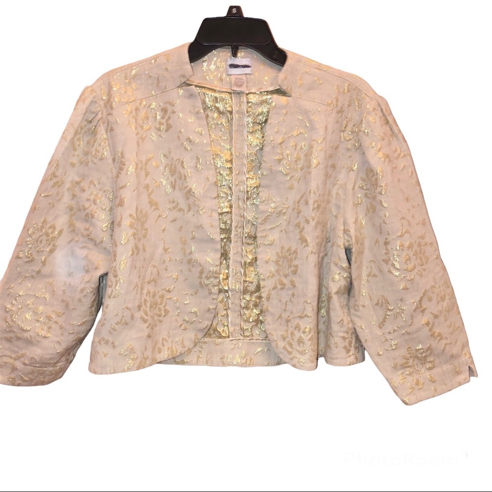 Chico's Cream and Gold Floral Brocade Cropped Jacket